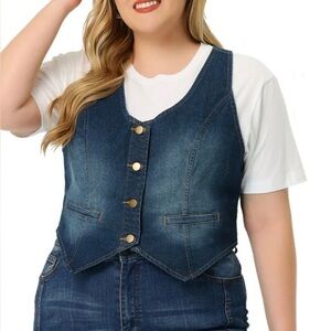 Agnes Orinda Plus Size Denim Vests Tops Button Down Waistcoat Casual Sleeveless